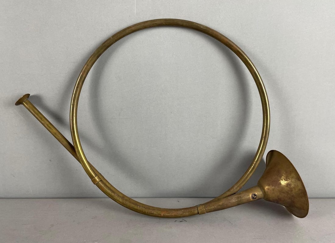 Indian Brass Hunting Horn: Measures 12 1/4 inches x 19 inches x 4 1/4 inches
