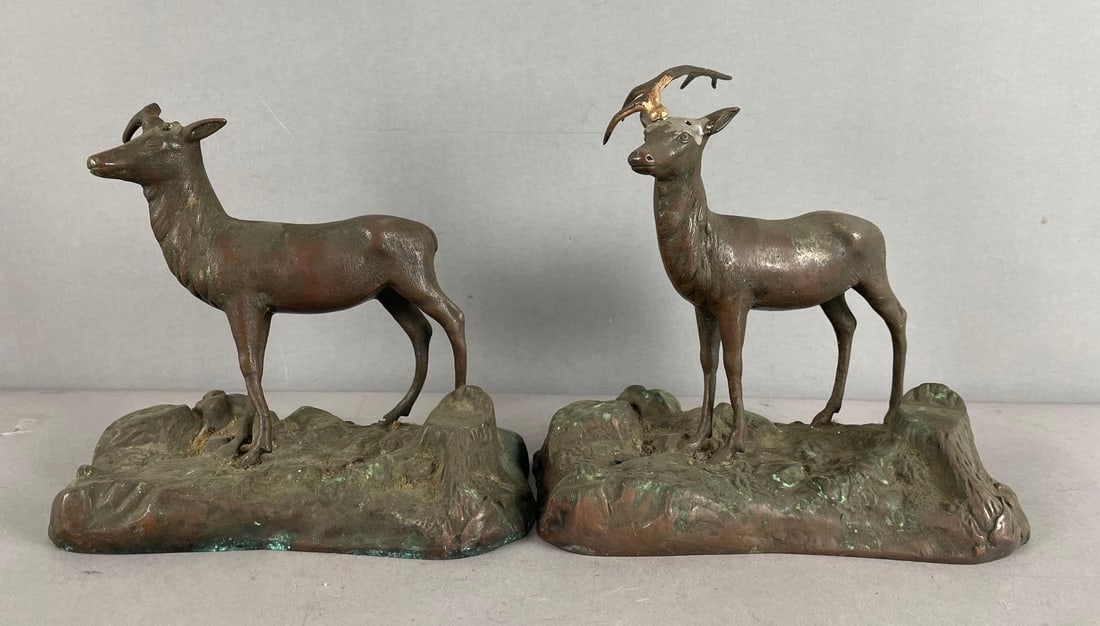 Pair of Antique Polychrome Deer Sculptures: Bronze base, diecast body, brass horns, missing horns, large rack sits loose, measures 7 inches x 8 inches x 4 inches