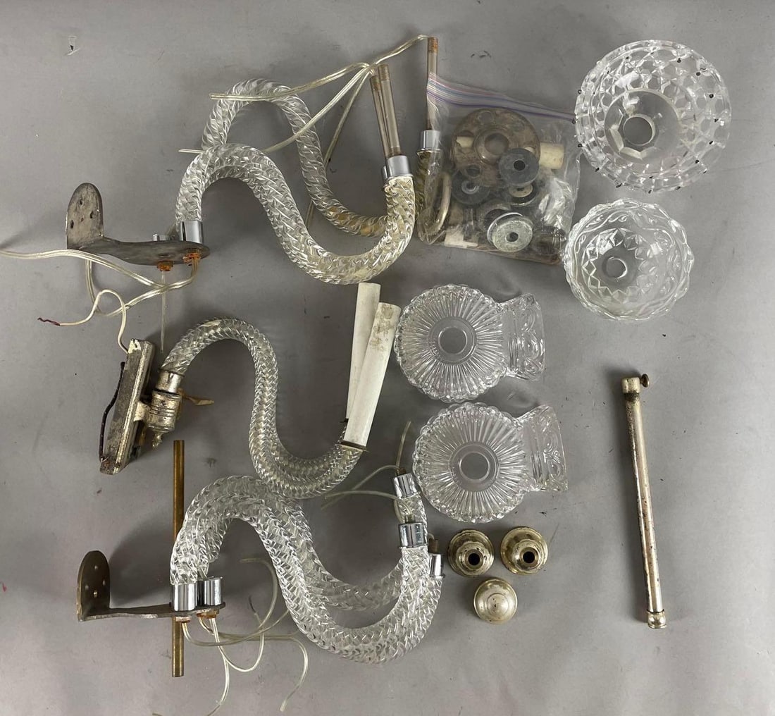 Group of 3 Antique Glass Candelabra Wall Sconces for Parts: Each has broken arms, largest measures 7 inches x 12 inches x 3 inches