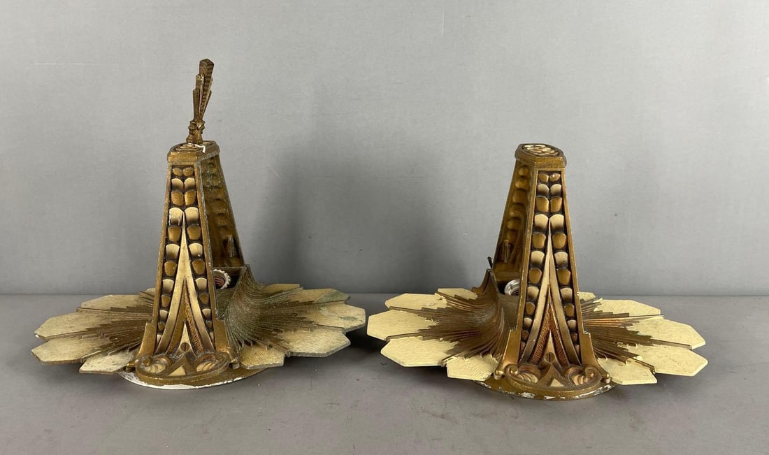 Pair of Vintage Art Deco Brass Slip-Shade Ceiling Fixtures: One missing finial, each measure 8 1/2 x 13 1/4 inches x 9 inches