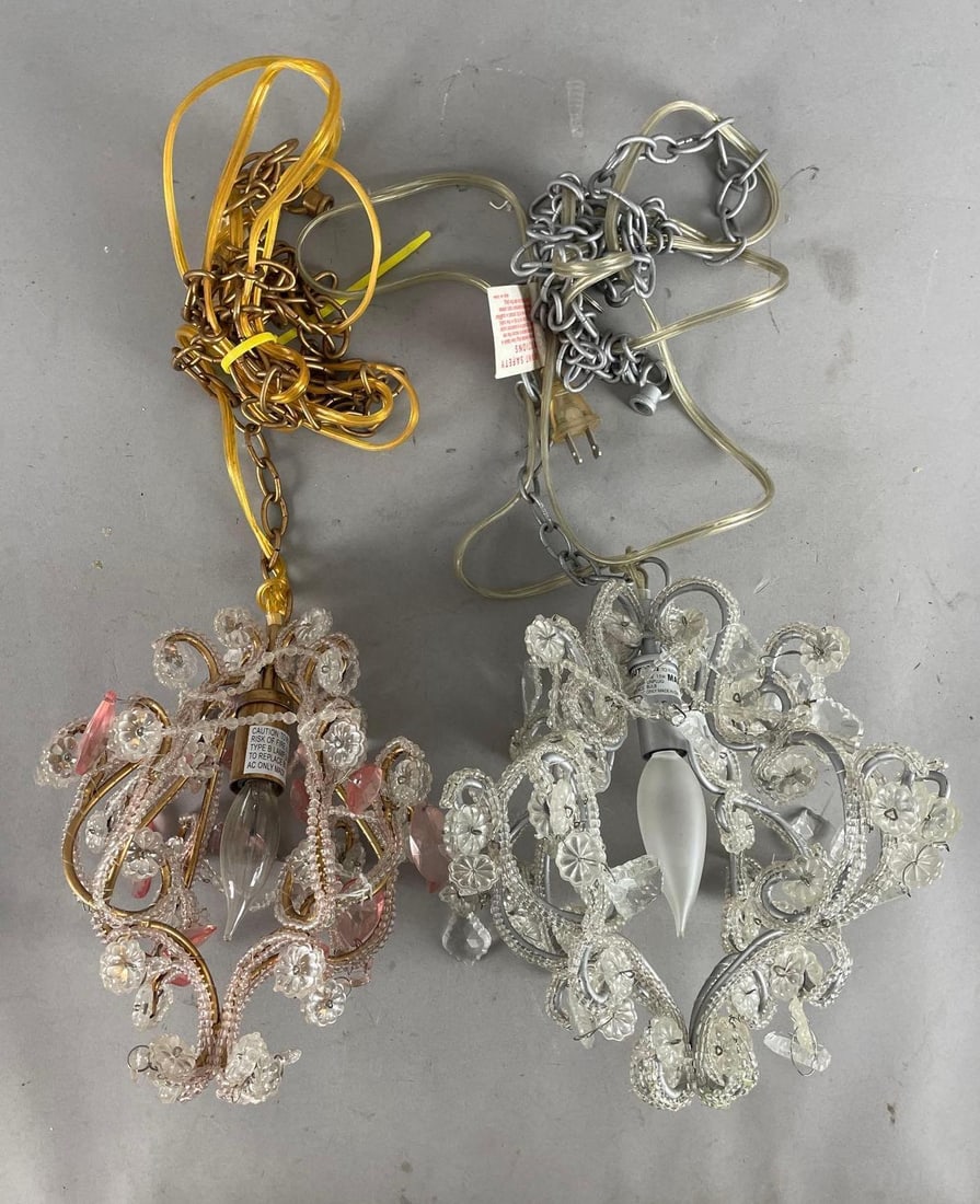 Group of 2 Vintage Beaded Crystal Chandeliers: Working condition, largest measures 11 inches x 9 3/4 inches