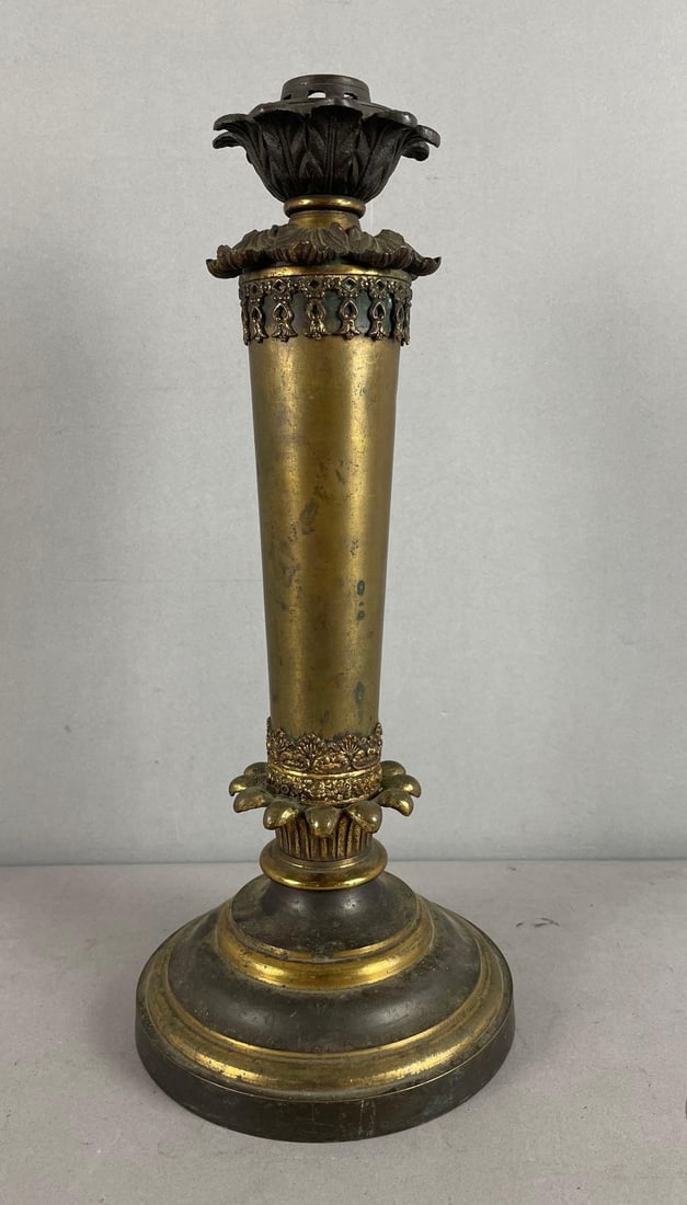 Antique Brass and Bronze Candlestick Lamp Base: Likely oil lamp base ready to be converted, measures 13 1/2 inches x 5 3/4 inches