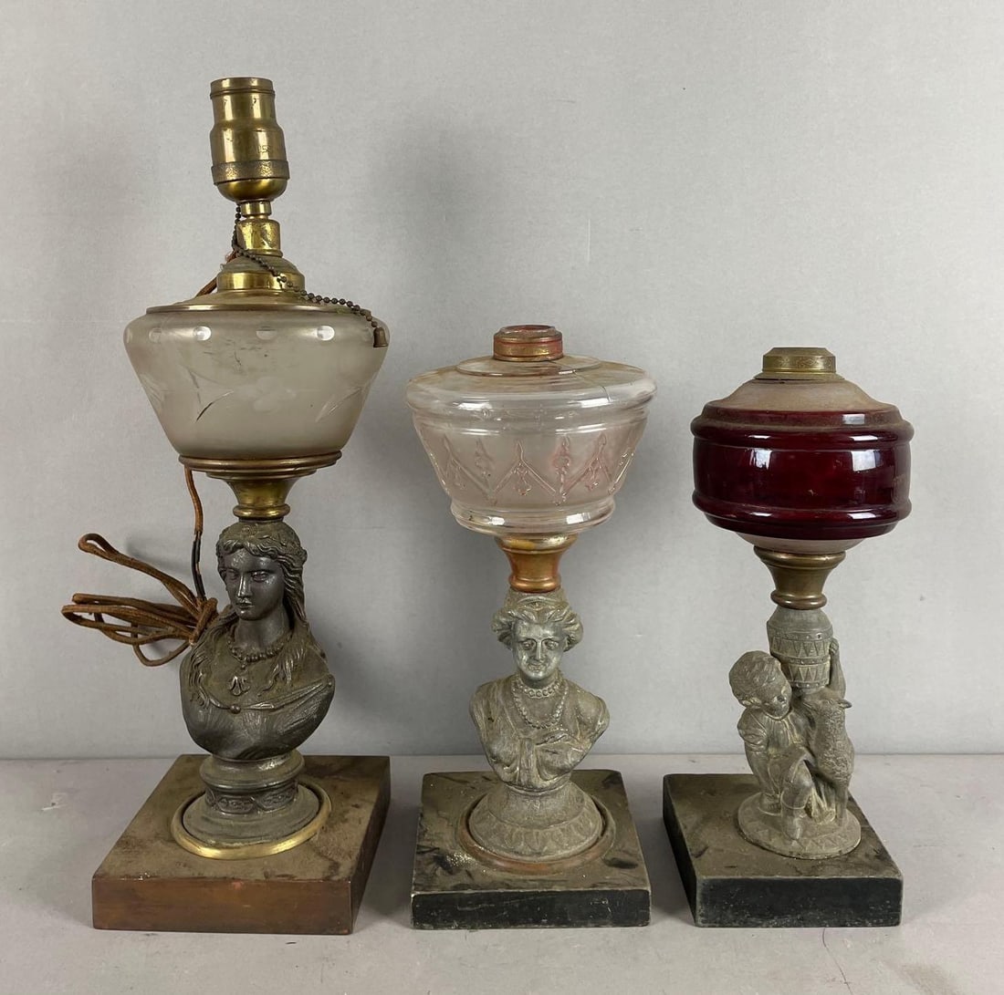 Group of 3 Antique Figural Oil Lamps (1 of 3)