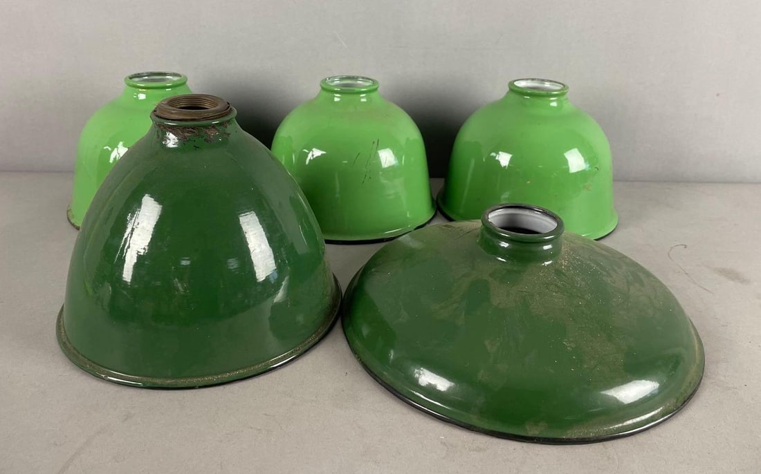 Group of Vintage Green Porcelain Enamel Industrial Lamp Shades: Wides measures 3 1/4 inches x 10 inches , 2 1/4 inches fitters