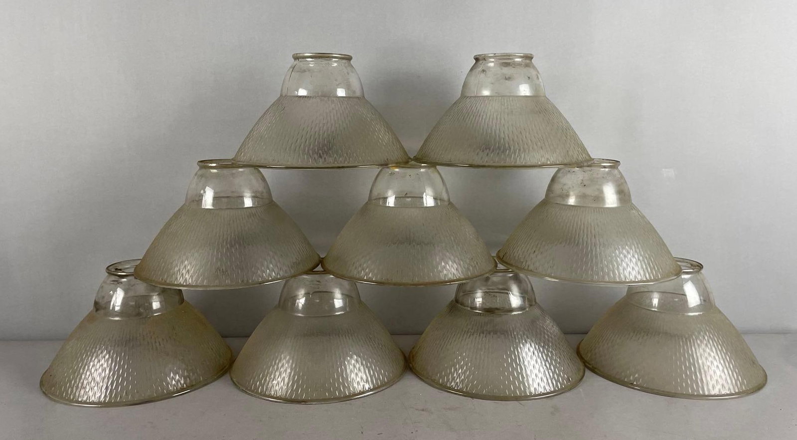 Group of Vintage Textured Pressed Glass Lamp Shades: Each measure 5 3/4 inches x 9 3/4 inches , 3 1/4 inches fitter