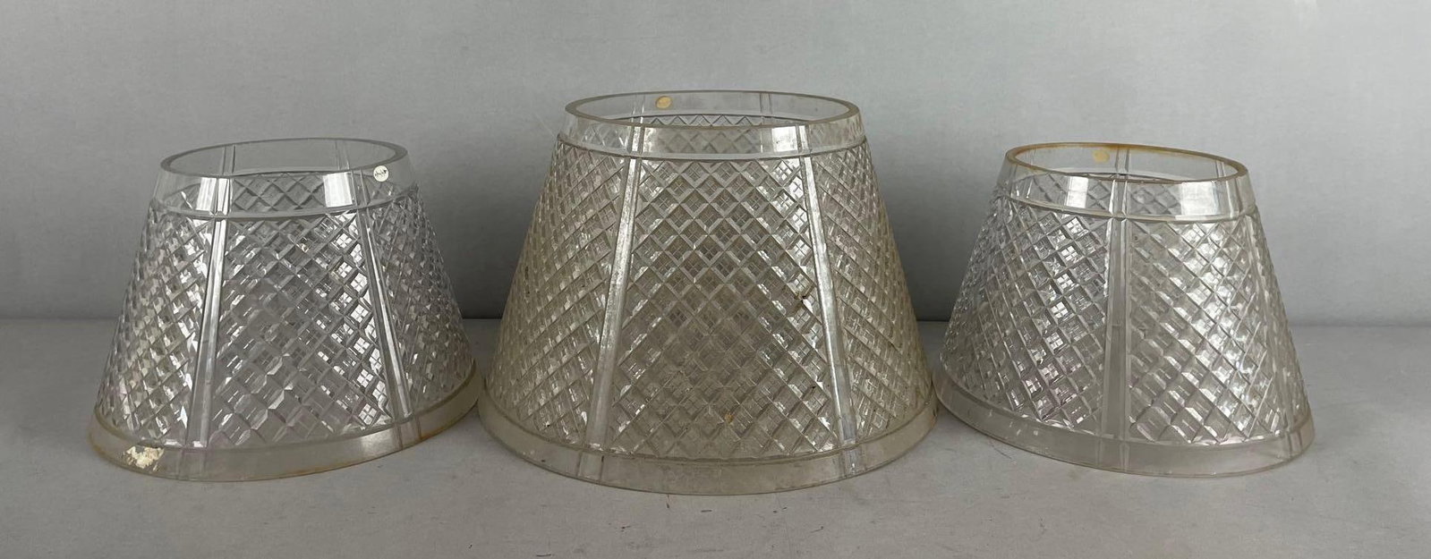 Group of 3 Antique Cut Glass Diamond Pattern Lamp Shades: Largest measures 7 1/2 inches x 11 3/4 inches