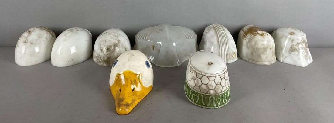 Group of Vintage Gooseneck White Glass Desk Lamp Shades: Largest measures 3 3/4 inches x 8 1/4 inches x 5 1/4 inches
