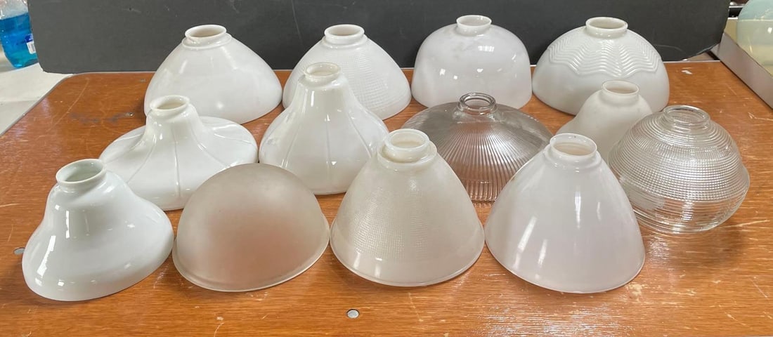 Group of Antique Milk Glass Shades and More: Many 2 1/4 inches fitters, largest measures 6 inches x 9 1/2 inches