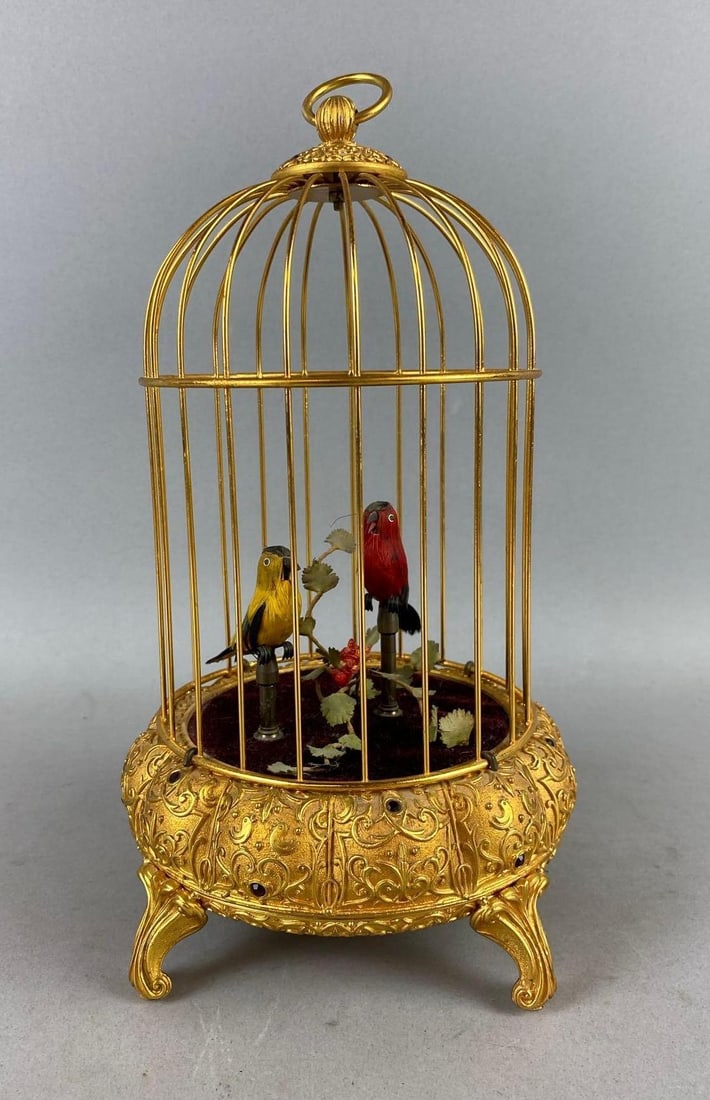 Vintage 1960s West German Mechanical Singing Bird Cage Wind-Up Automaton (1 of 3)