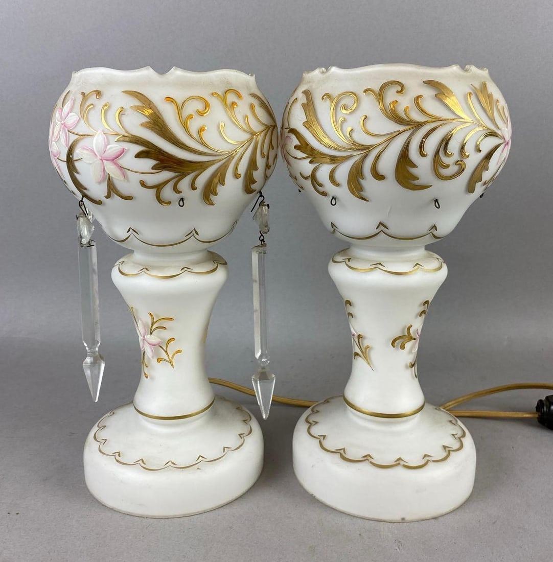 Group of 2 Antique 1930s Milk Glass Mantel Luster Lamps: Untested. One measures 10 inches tall.