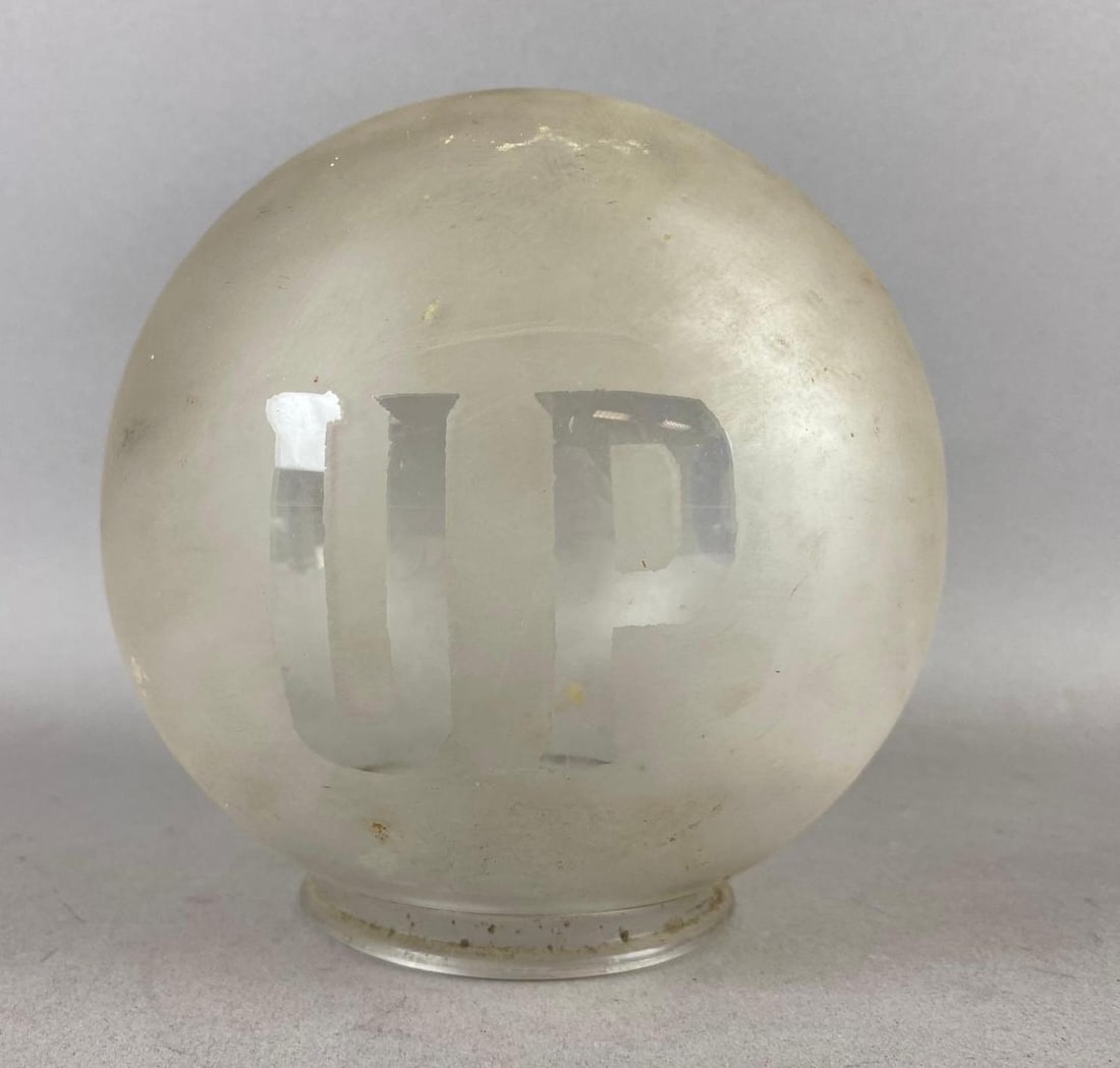 Antique 1920s Froasted Etched Glass Elevator Lamp Shade: says up on glass. Measures 5 inches tall.