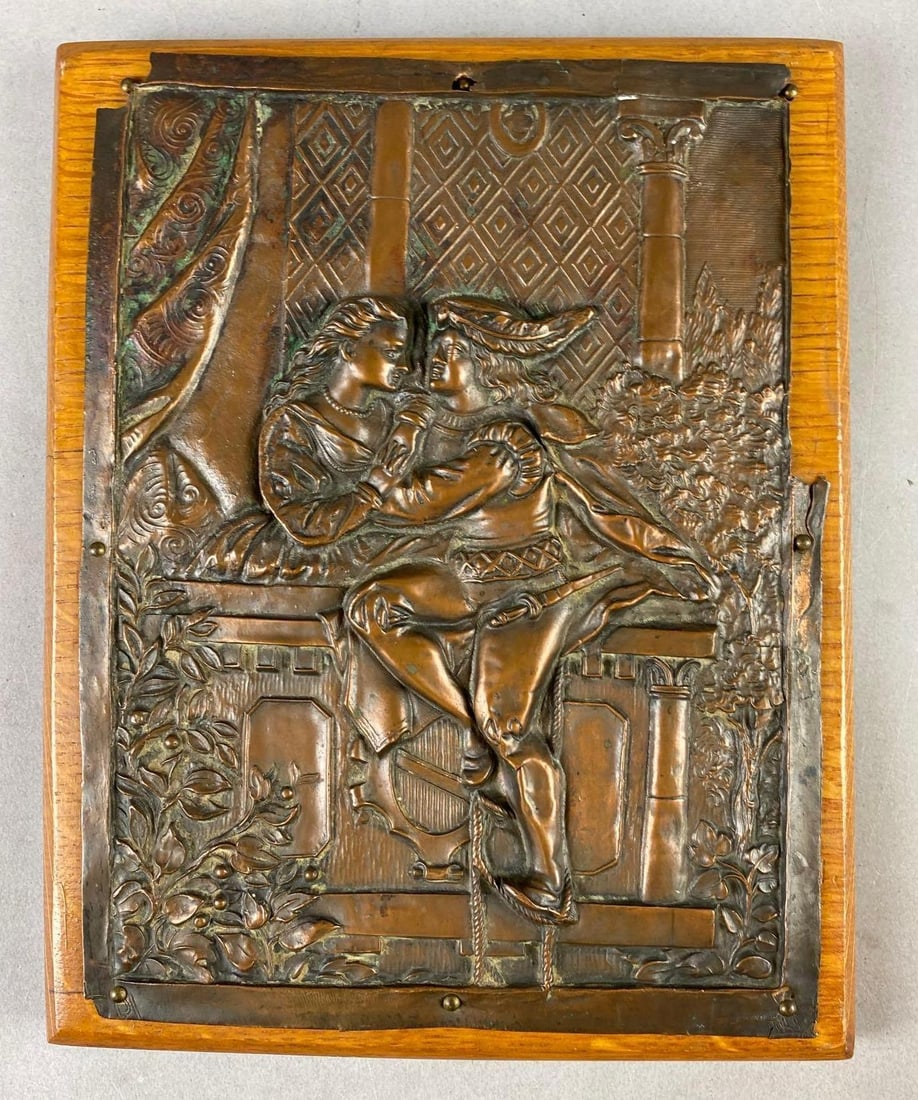 Vintage Copper Repousse and Chasing Romeo and Juliet Balcony Scene Wall Plaque: Measures L 11 x W 8 1/2 inches.