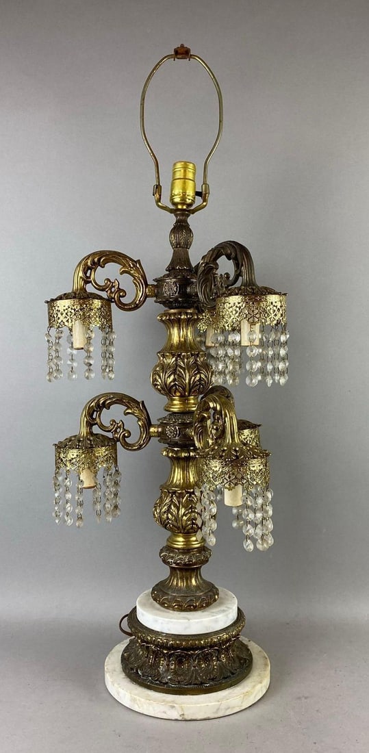 Vintage 1960s Hollywood Regency Multi-Light Crystal Waterfall Table Lamp: Untested. Measures 35 inches in length.