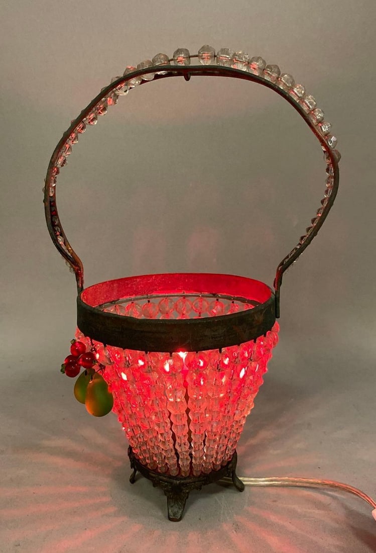 Antique 1920s Czech Art Deco Beaded Glass Fruit Basket Lamp: Tested and working. Measures 10 inches tall.