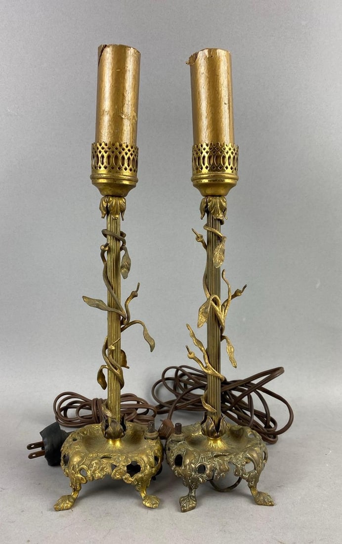 Group of 2 Antique 1920s Art Nouveau Brass Candlestick Accent Lamps: Untested. Largest measures 14 inches tall.
