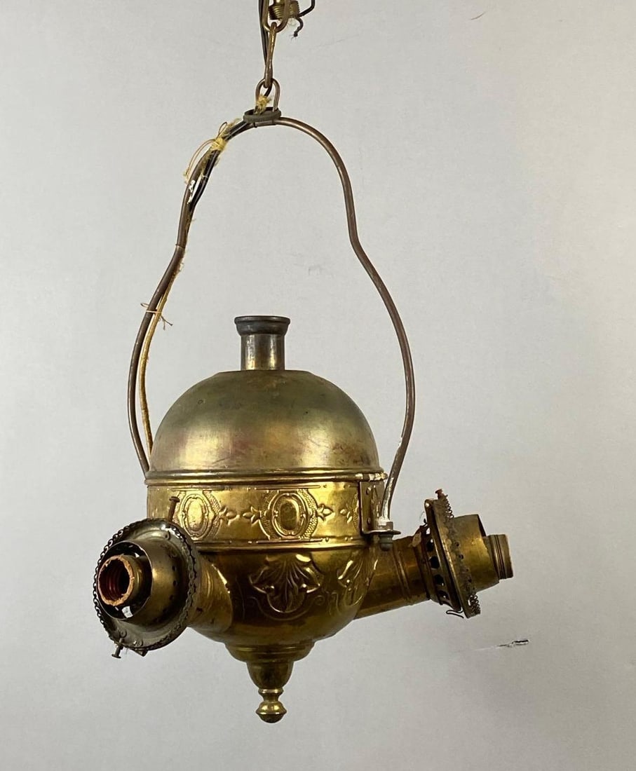 Antique 1900s Electrified Angle Lamp Company Brass Hanging Triple Burner Lamp (1 of 4)