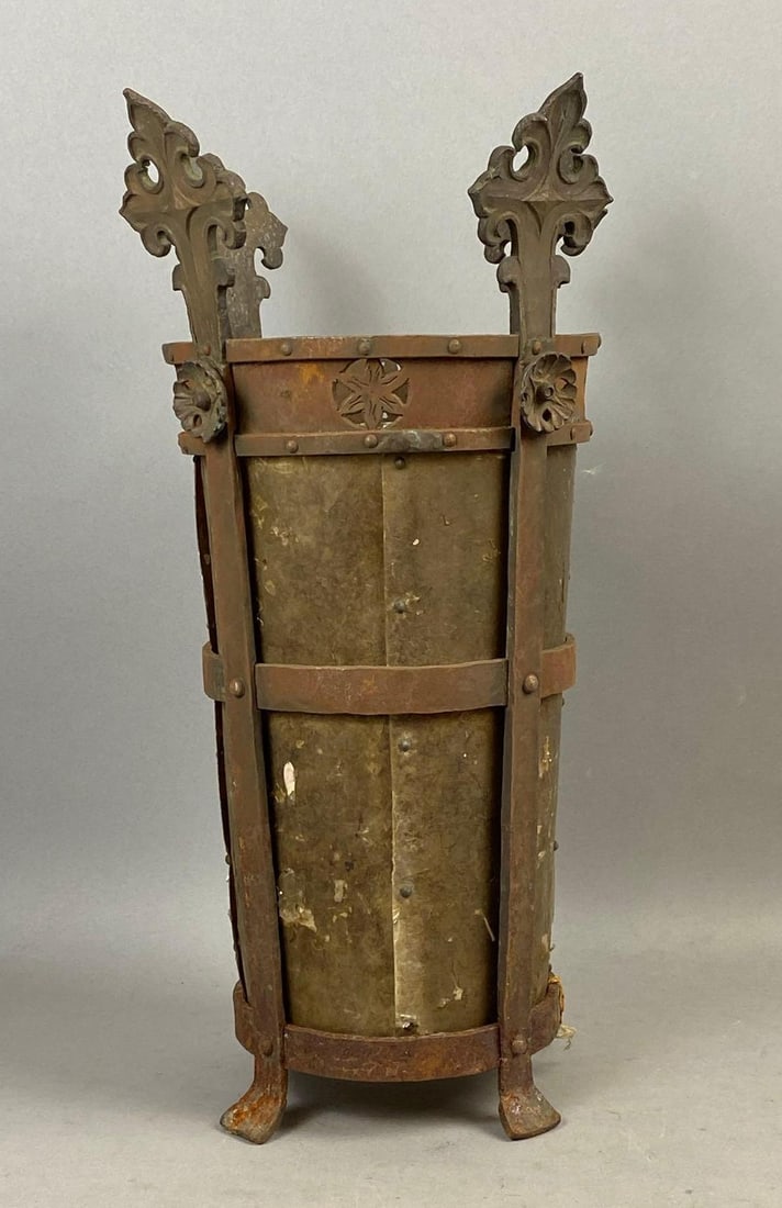 Antique 1880s Victorian Iron Mica Lantern Torchiere Hanging Lamp Shade: Rust throughout. measures 18 inches in length.