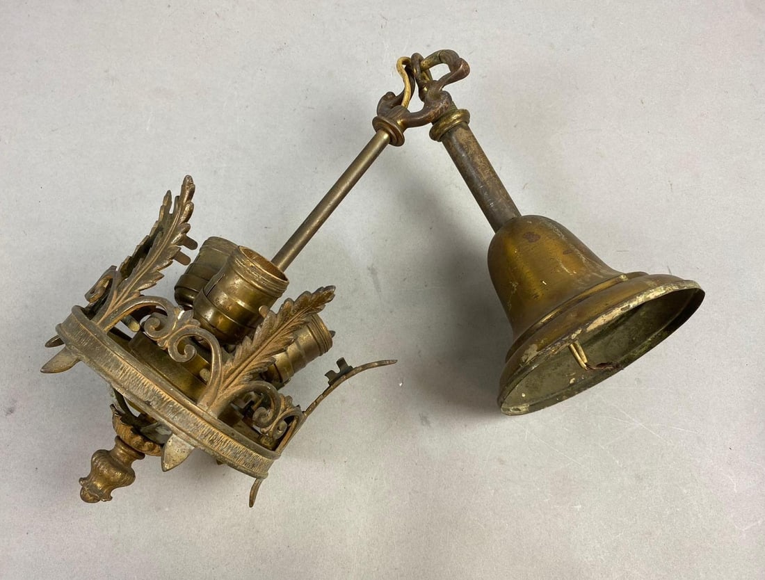 Antique 1880s Brass and Slag Ceiling Light Fixture: For parts. Measures 19 inches in length. Broken slag glass at bottom.