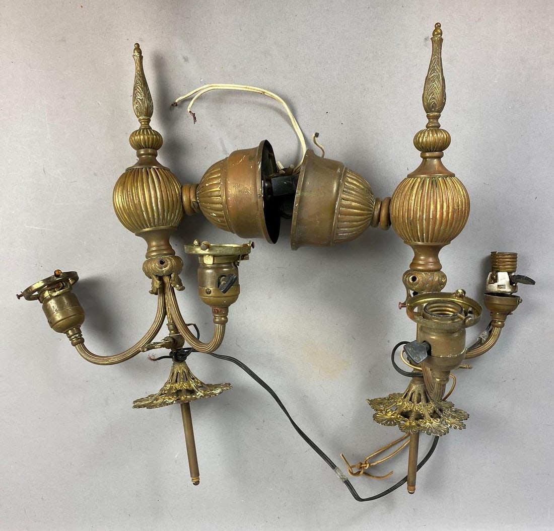 Group of 2 Antique 1880s Victorian Brass Muti Arm Light Fixture (1 of 3)