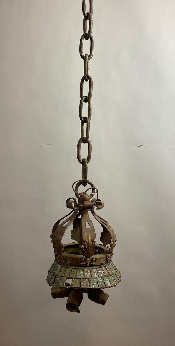 Antique 1920s Spanish Revival Hanging Electrified Light Fixture: For parts. Wires has been cut. Missing a few slag glass panels. Measures 39 inches full length of chain and lamp.