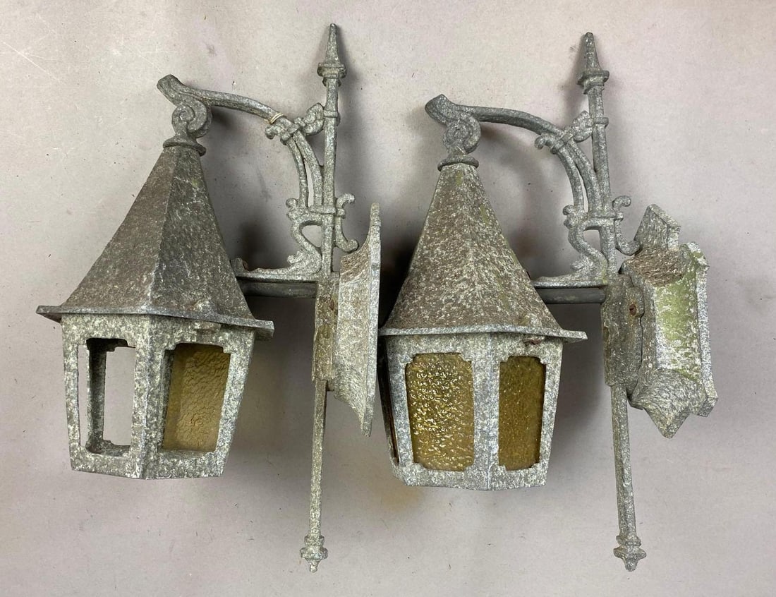 Group of 2 Vintage Cast Outdoor Wall Lantern Scones: For parts. Will need rewiring. One light measure 15 inches tall. Missing slag glass panels.