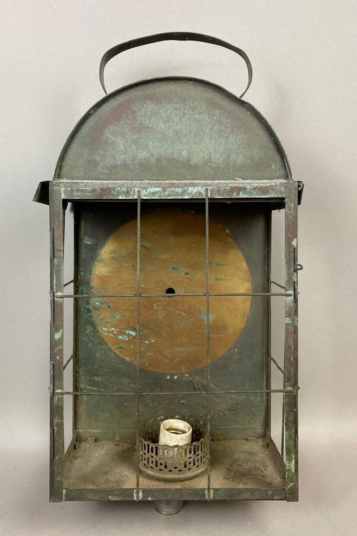 Antique Copper and Brass Bulkhead Marine Electrified Lantern: Will need to be wired. Measures H 16 x W 6 x L 9 inches.