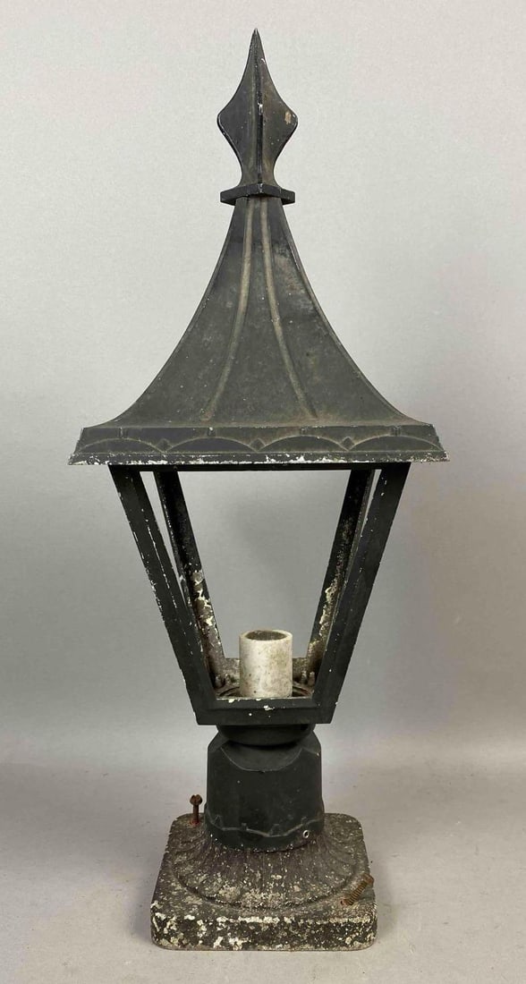 Antique 1930s Victorian Style Pagoda Pillar Light Fixture: Missing glass panels. Measures 23 inches tall.
