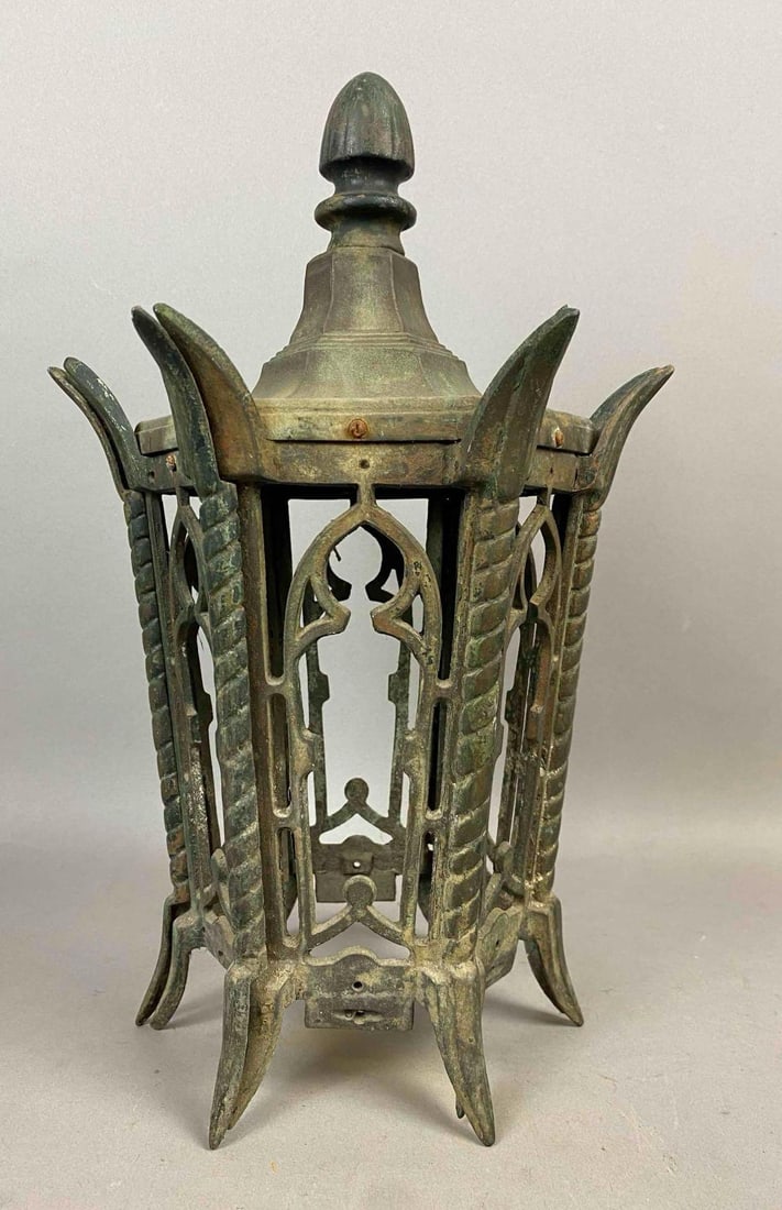 Antique 1880s Victorian Cast Bronze Pagoda Hanging Lantern: Measure 16 inches in length of chain.