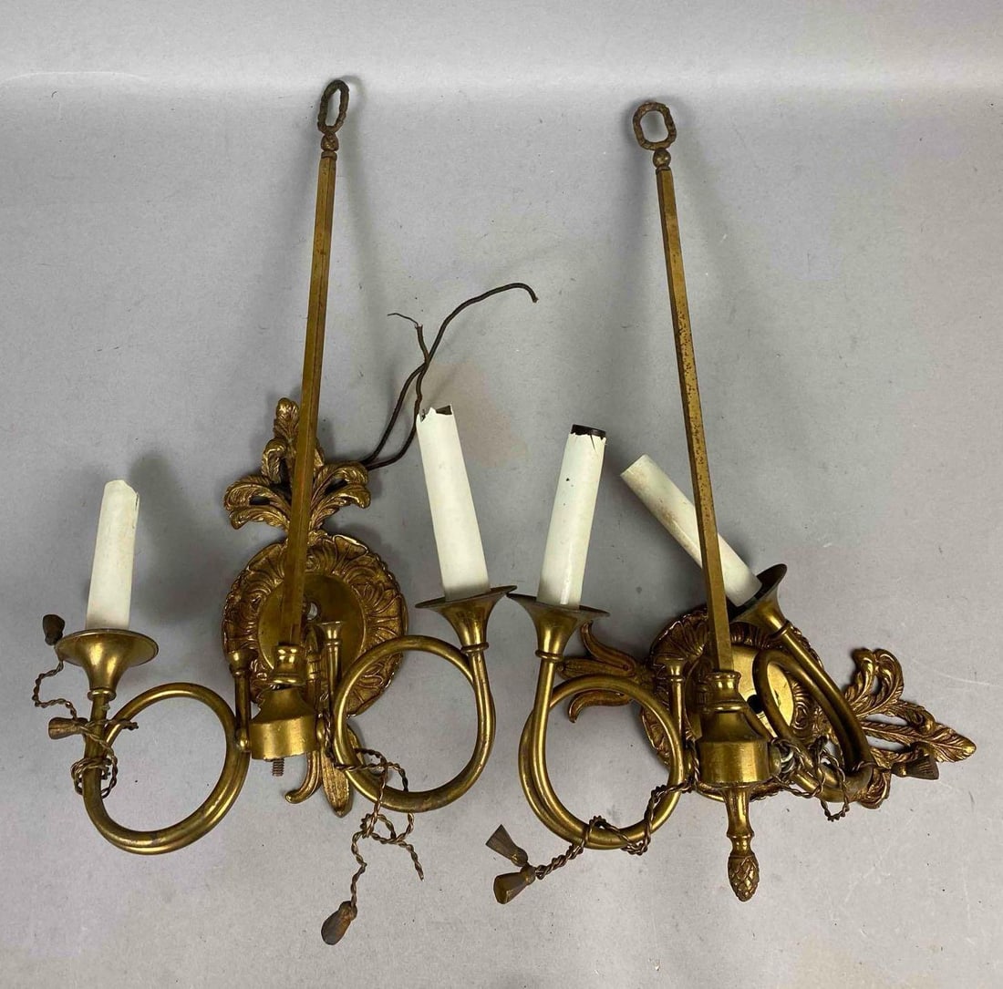 Group of 2 Antique 1930s Art Deco Glit Bronze Wall Sconce: largest measures 16 inches tall.