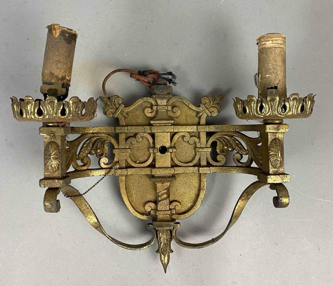 Antique 1900s French Renaissance Style Double light Sconce: Measures L 12 x W 10 inches.
