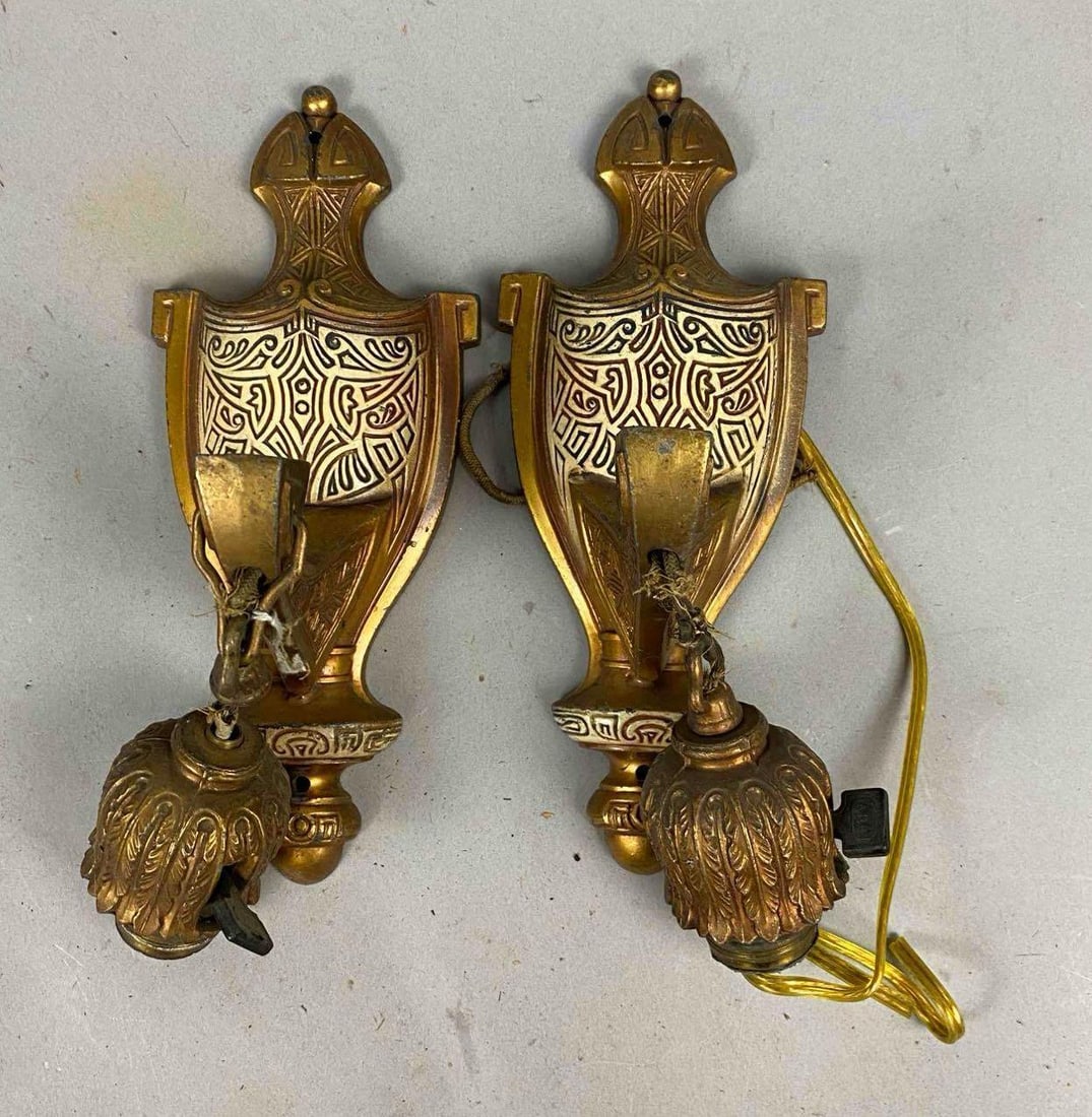 Group of 2 Antique 1930s Art Deco Gold Tone Wall Scones: One measures 8 inches in length.
