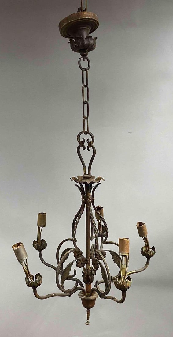Antique Wrought Iron Floral Motif 5 Light Hanging Ceiling Light: paint wear and bends throughout, measures 37 inches H x 17 inches W x 17 inches D