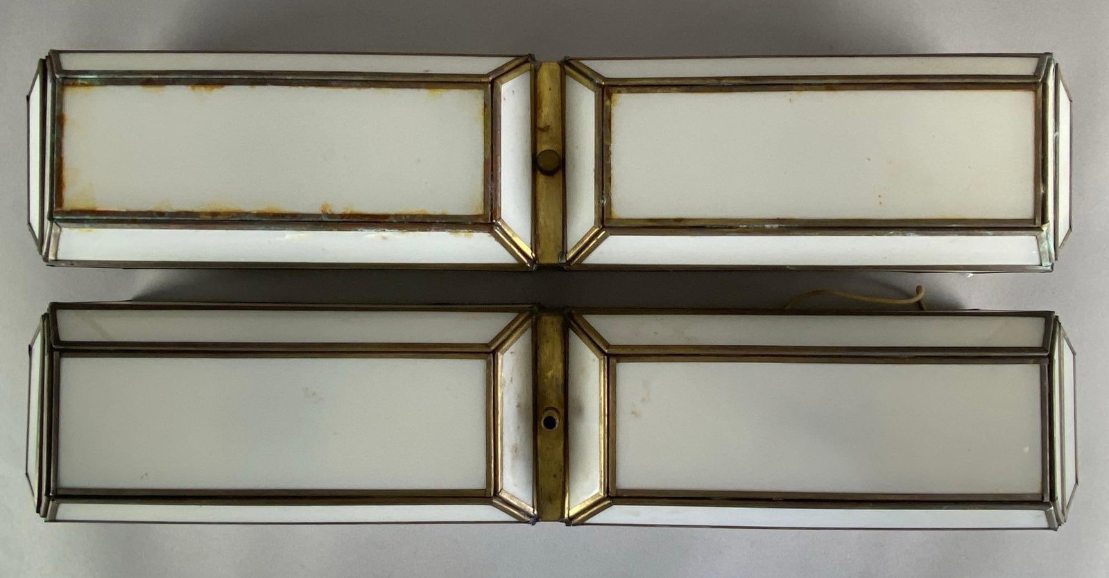 Group of 2 Vintage Brass and White Glass Ceiling Light Fixtures: untested, each measures 4 inches H x 24 inches W x 5 inches D