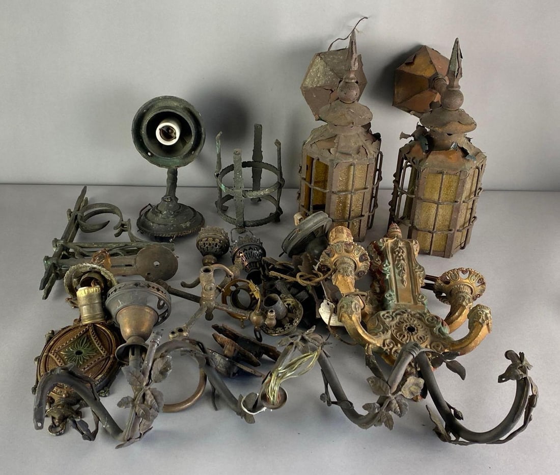 Group of Antique Assorted Light Fixture Parts: Includes wall sconce and ceiling light fixture parts, Largest piece measures 6 inches H x 24 inches W