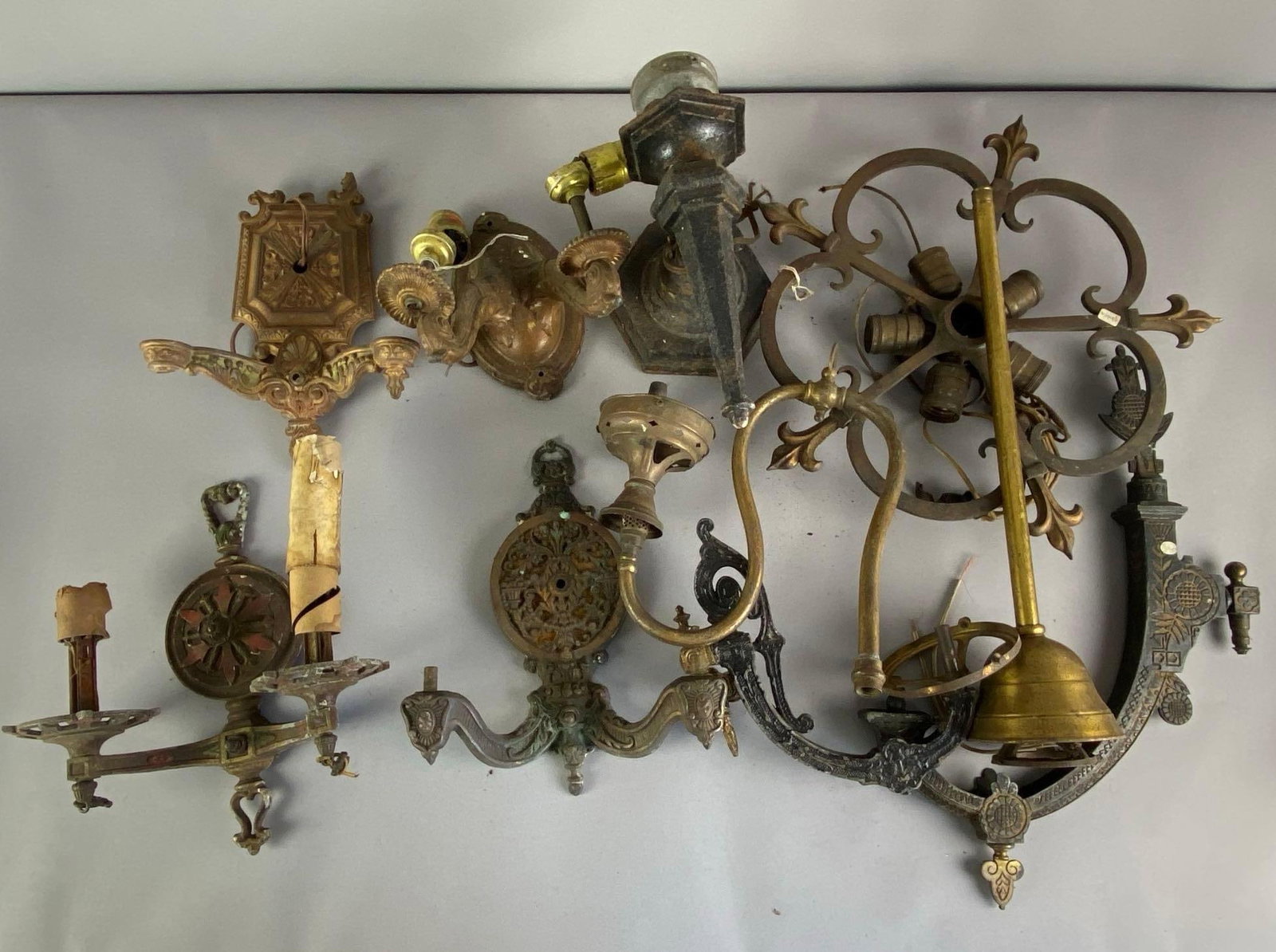 Group of Assorted Antique Wall Sconces and More: Includes ceiling light fixture parts, paint wear and rust shown, largest measures 17 inches H x 14 inches W