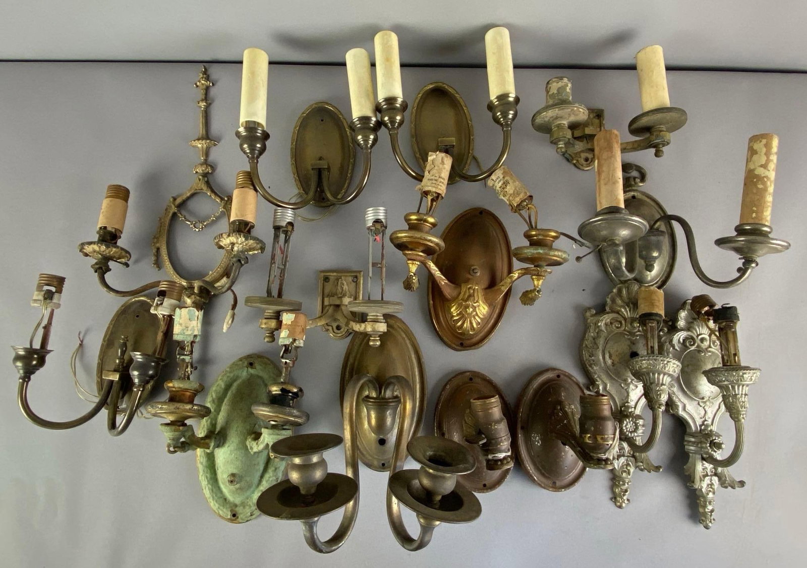 Group of Assorted Vintage Metal Wall Sconces: Wear throughout, some missing or broken parts, largest measures 11 inches H x 9 inches w x 7 inches D