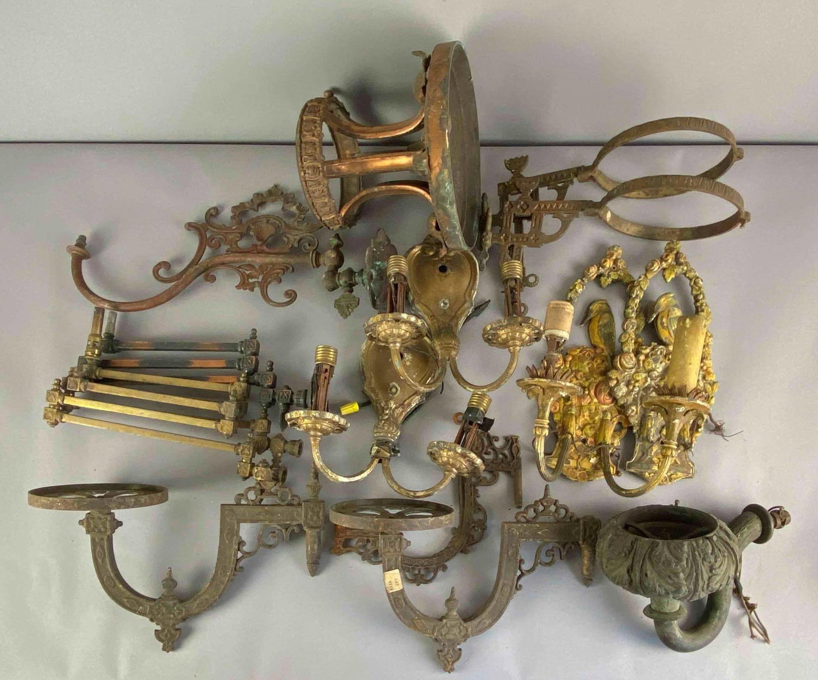 Group of Antique Metal Wall Sconces and Parts: wear throughout, largest measures 12 inches H x 9 inches W x 7 inches D