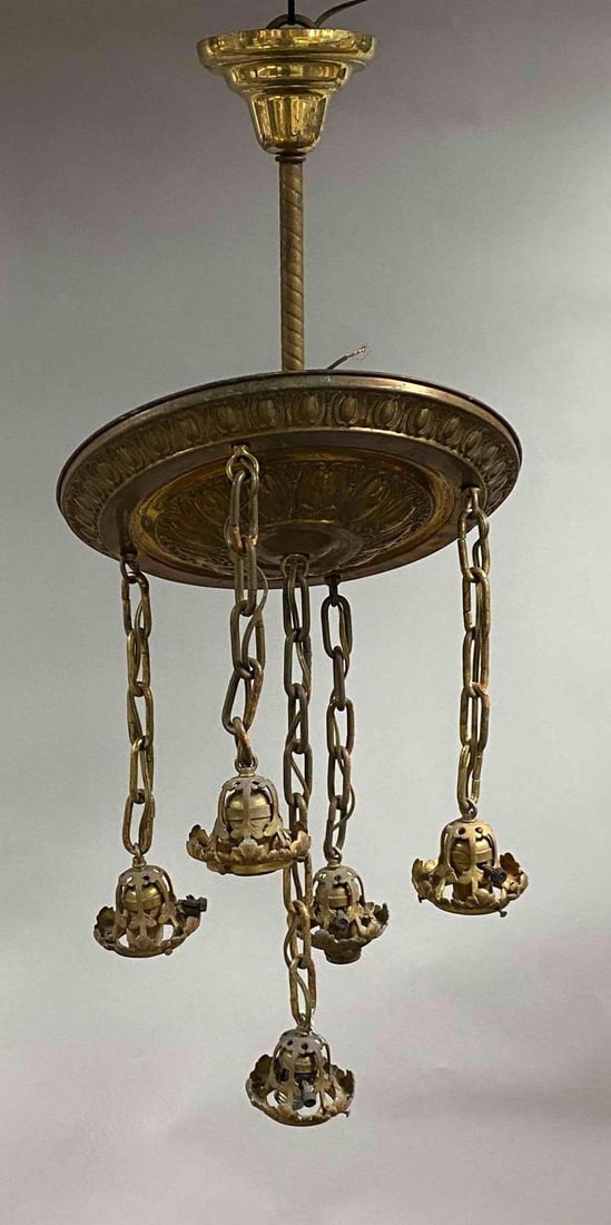 Antique Metal Floral 5 Chain Hung Light Ceiling Light Fixture: untested, rust and corrosion present, Measures 23 inches H x 15 inches W x 15 inches D