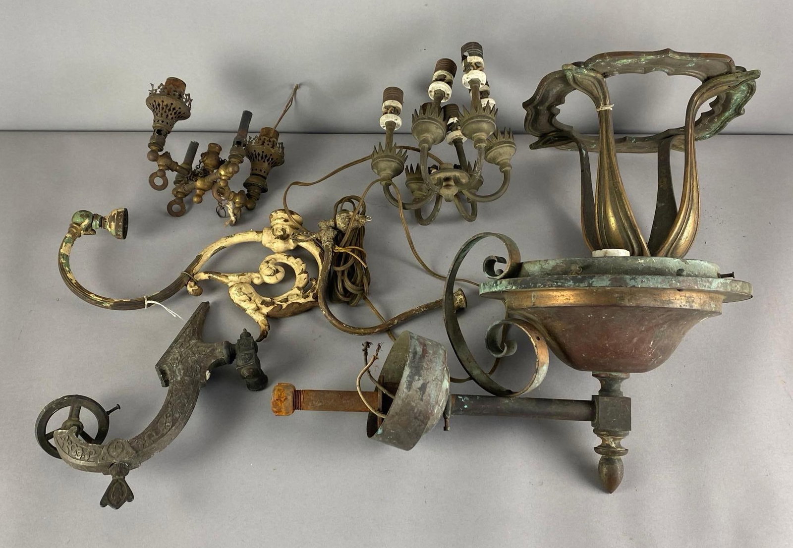 Group of Antique Gas and Electric Light Fixtures: mostly for parts, largest measured 10 inches H x 12 inches W x 19 inches D