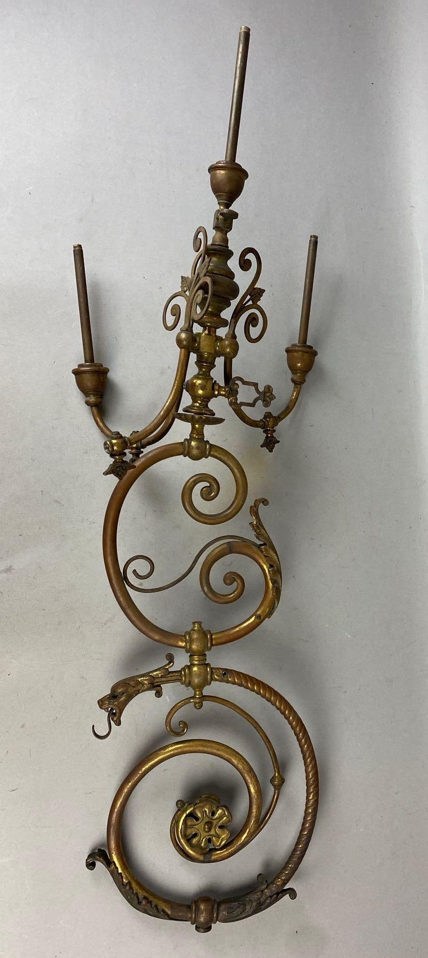 Antique 1890s Muti-Arm Gas Wall Sconce: Missing hardware/ parts. Measures 33 inches in length of chain.