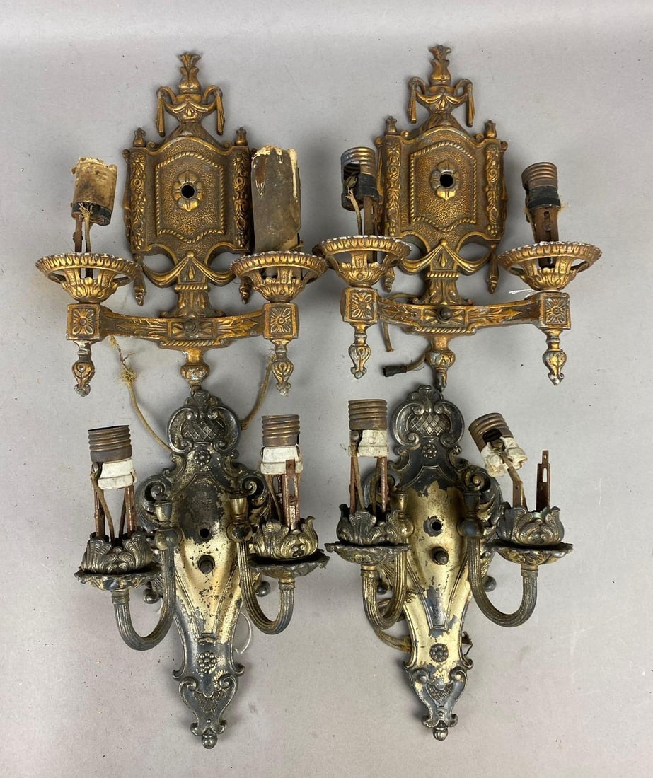 Group of 4 Antique 1930s Art Deco Wall Sconces: For parts. Will need rewiring. Largest measures 8 inches tall.