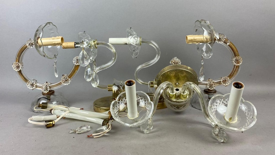 Group of 5 Vintage Italian Crystal and Brass Double Wall Sconce and More: For parts. May need rewiring. Largest measures 8 inches tall.