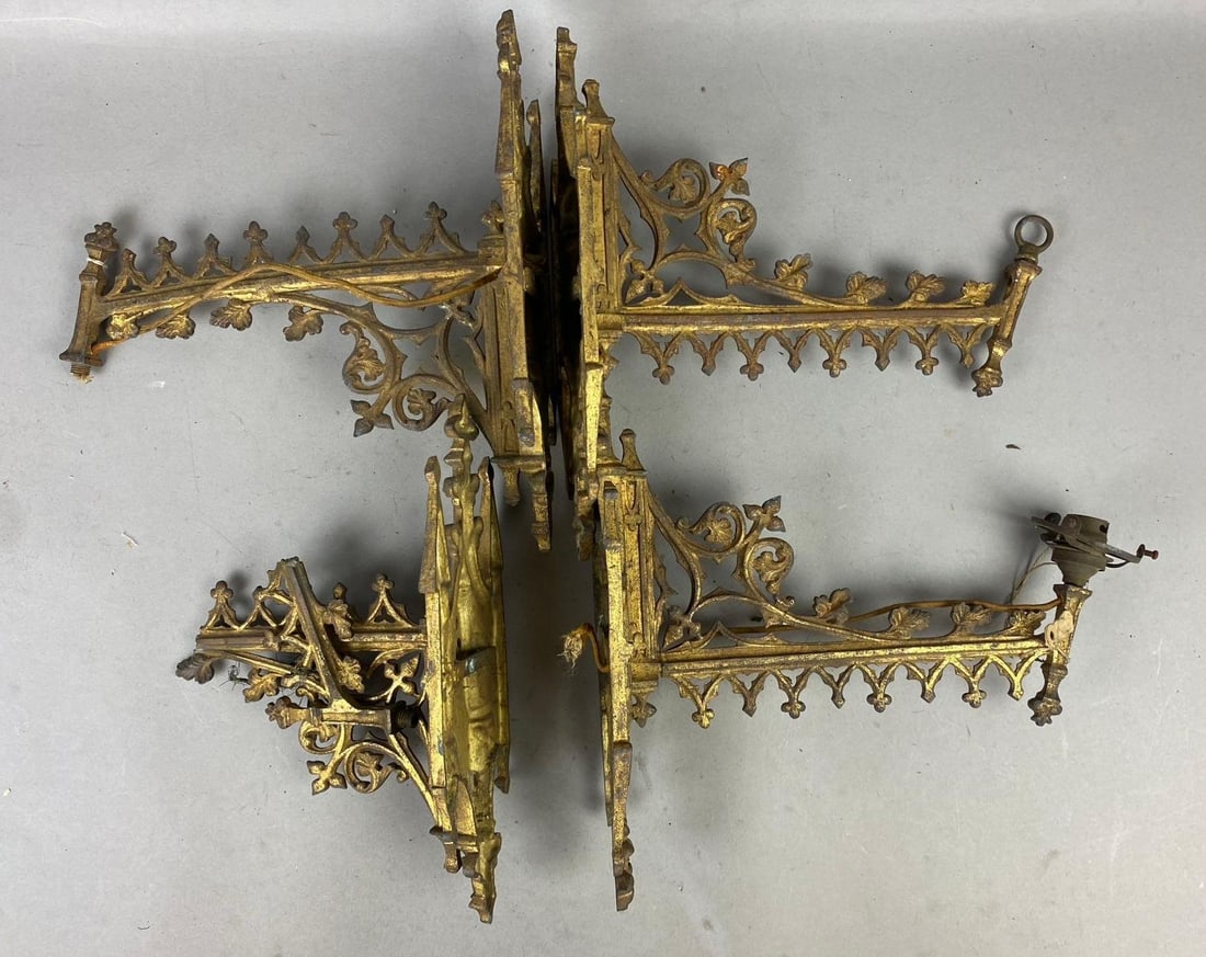 Group of 4 Antique 1880s Victorian Gilded Brass Swing Arm Wall Sconces: Will need rewiring. One is broken in half. For parts. Largest measures 12 inches in length of chain.