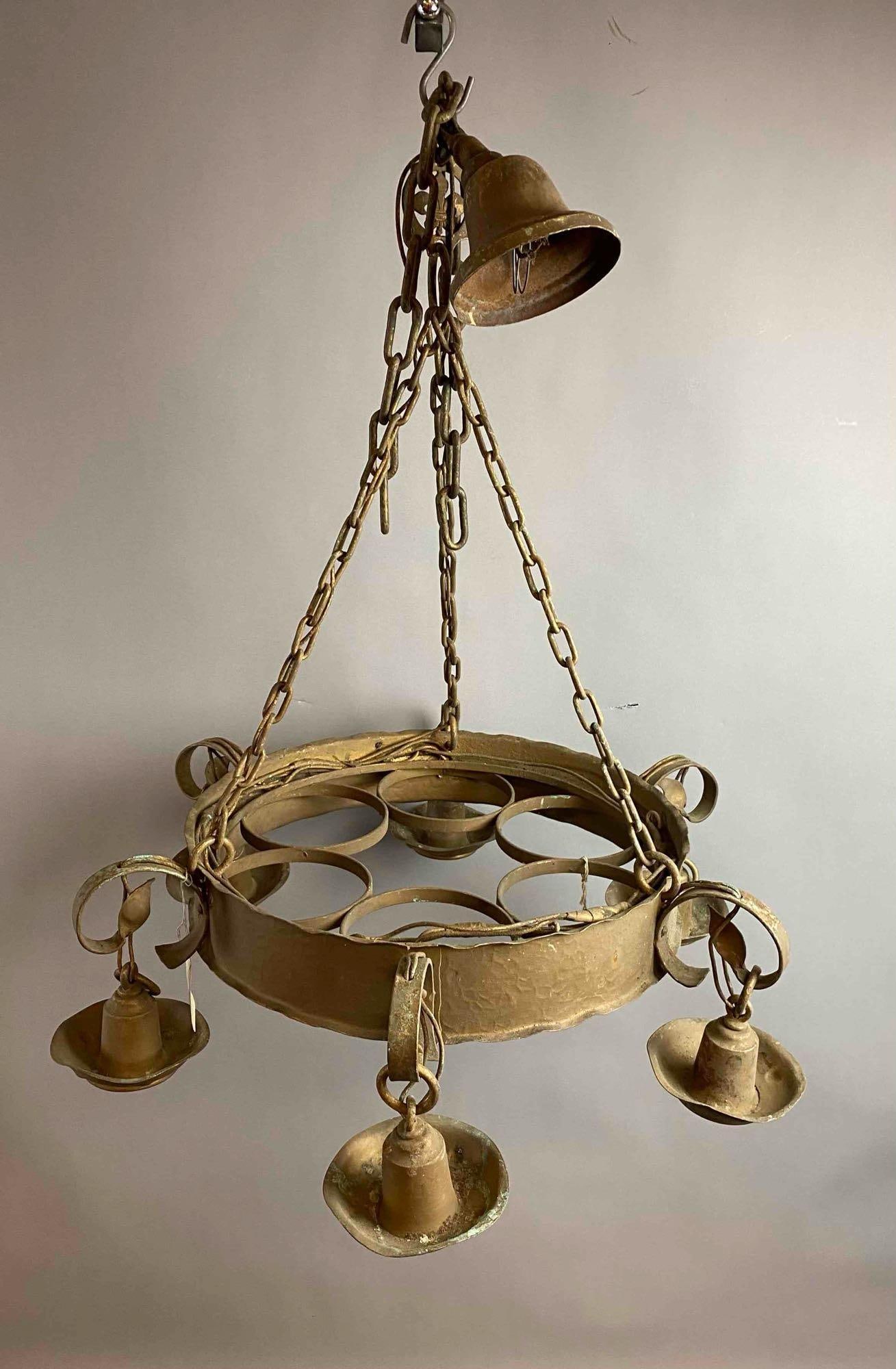Antique 1900s Gold-Tone Electrified Hanging Chandelier: Will need rewiring. Measures 16 inches in diameter.