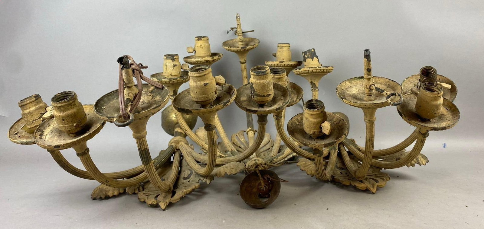 Group of 3 Antique 1930s Painted Brass Candelabra Wall Scones: Need rewiring. One measures 12 inches in length. Missing hardware.