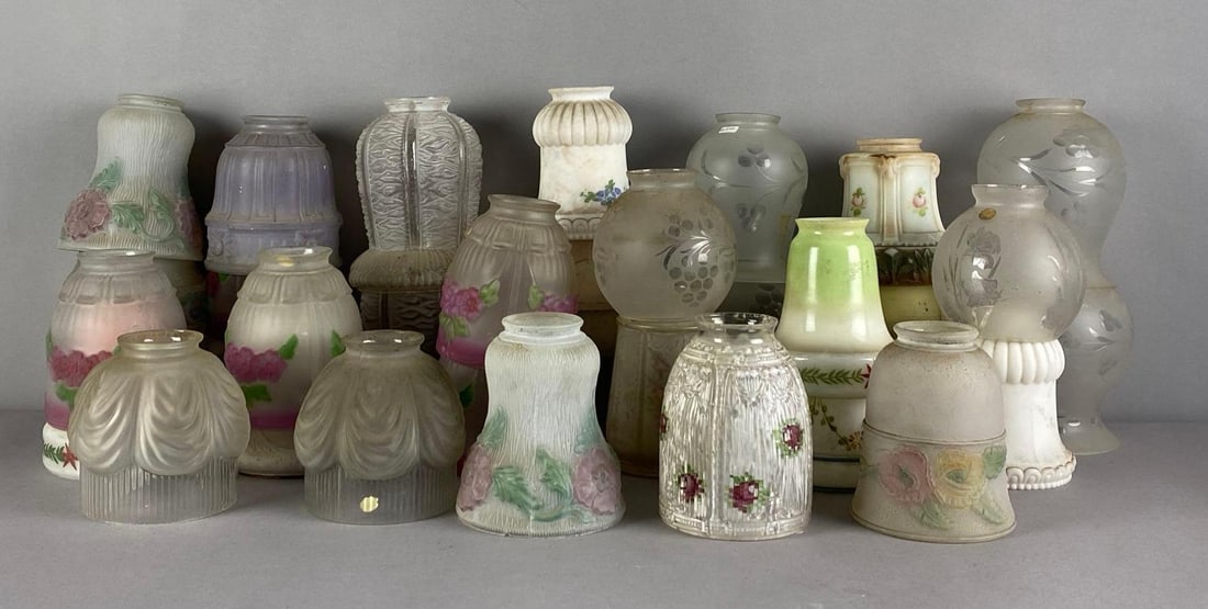 Group of Antique Frosted and Satin Glass Lamp Shades: Features floral motifs throughout most, largest measures