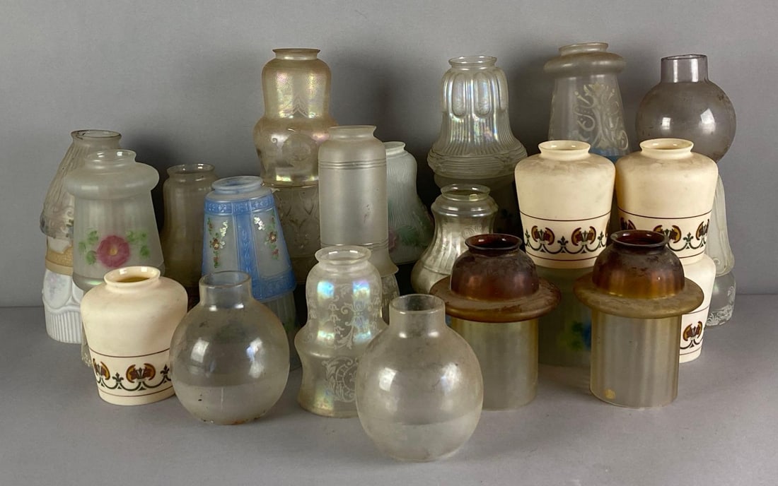 Group of Assorted Glass Lamp Shades: features frosted, etched, hand painted floral motifs and more, largest measures 7 inches H x 5 inches W x 5 inches D