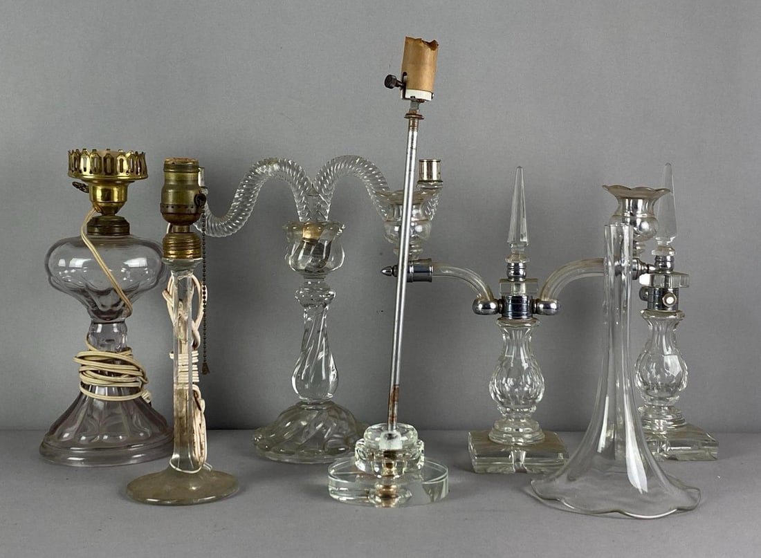 Group of Glass/Crystal Candlesticks and Table Lamps: untested, some missing parts, Largest measures 17 inches H