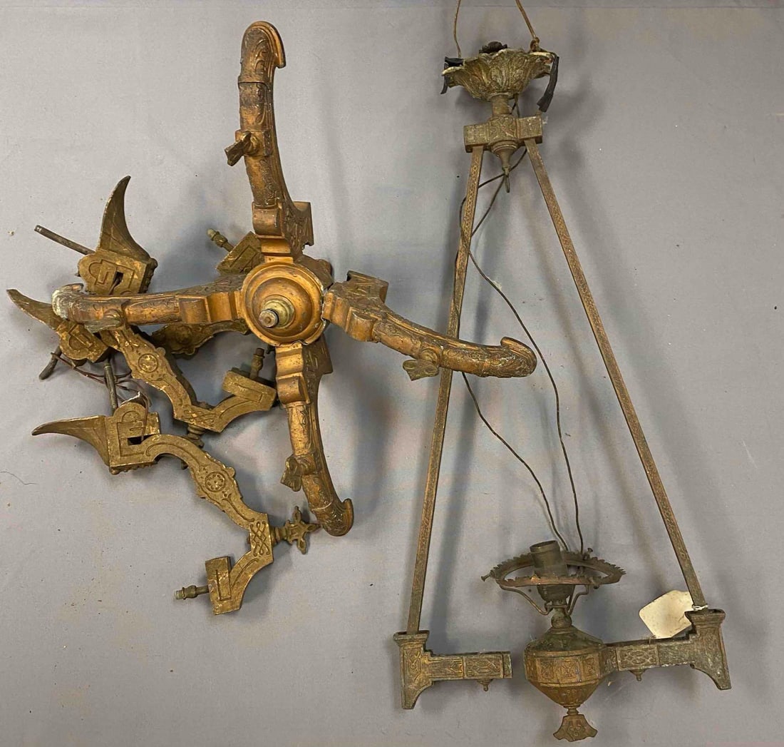 Group of 2 Antique 1880s Victorian Gold-Tone Gas Hanging Light Fixture (1 of 3)