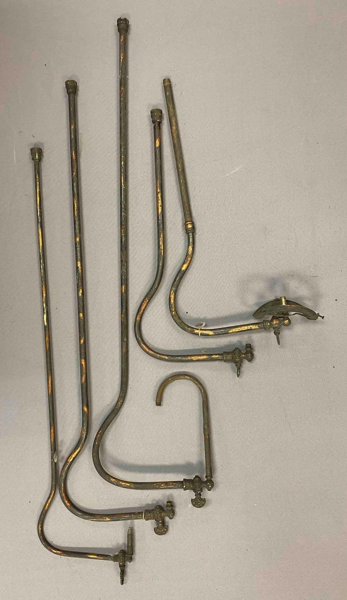 Group of 5 Antique 1900s Hanging Gas Fixtures: for parts. Missing hardware. Largest measures 22 inches tall.